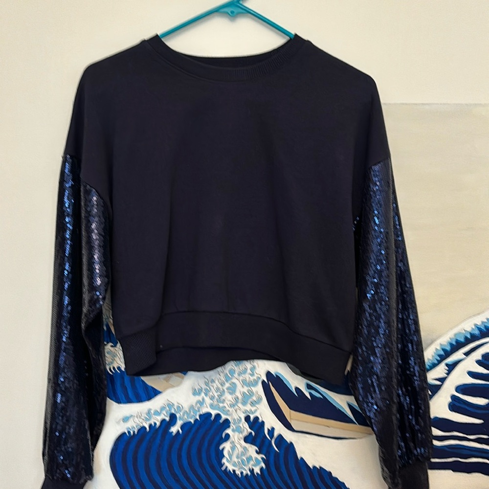 CULPOS X INC Sequin-Sleeve Cropped Sweatshirt - Blue, Size Medium